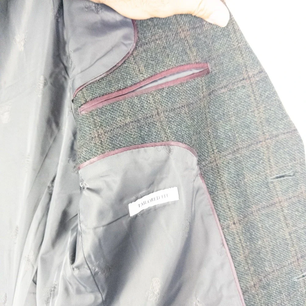 Jos A Bank 1905 Wool Blazer Mens 42R Green Windowpane Plaid Elbow Patch Heritage